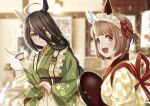  2girls ahoge animal_ears black_hair bow braid brown_hair ear_bow ear_covers ear_ornament green_kimono highres horse_ears horse_girl japanese_clothes kimono long_bangs long_hair looking_at_viewer maid manhattan_cafe_(umamusume) manhattan_cafe_(verdant_night)_(umamusume) multiple_girls otono_(bkt4b) short_hair single_braid single_ear_cover sleeves_past_wrists smile umamusume yellow_eyes yukino_bijin_(tea_girl_snow_girl)_(umamusume) yukino_bijin_(umamusume) 