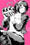  1girl absurdres boku_no_hero_academia box gift gift_box greyscale greyscale_with_colored_background heart-shaped_box highres jacket jirou_kyouka looking_at_viewer monochrome open_clothes open_jacket pants pink_background shirt simple_background solo yotsumi_shiro 