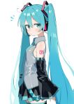  1girl aqua_eyes aqua_hair bare_shoulders blush detached_sleeves expressionless grey_shirt hatsune_miku headset highres long_hair looking_at_viewer maud0239 shirt skirt sleeveless sleeveless_shirt solo thigh-highs twintails very_long_hair vocaloid zettai_ryouiki 