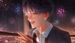  1boy bai_miii_1031 blush ear_blush fireworks formal from_side hand_up highres looking_at_viewer love_and_deepspace male_focus night night_sky purple_hair rafayel_(love_and_deepspace) shadow shirt short_hair sky smile solo suit violet_eyes white_shirt 