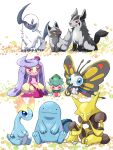  absol alakazam alternate_color amaura beautifly blue_eyes blue_skin bright_pupils bug butterfly claws closed_mouth colored_sclera colored_skin commentary_request crystal fomantis forehead_jewel grey_fur highres holding holding_spoon horns mightyena no_humans pokemon pokemon_(creature) poochyena purple_hair quagsire red_eyes saki_pokeoekaki seiza sharp_teeth shiny_pokemon single_horn sitting smile snout solid_circle_eyes spoon tail teeth tsareena white_background white_fur white_pupils yellow_sclera 