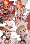  1boy black_bow black_bowtie black_gloves blonde_hair blush_stickers bow bowtie colored_sclera cropped_torso demon demon_boy demon_horns gloves hat hazbin_hotel high_collar highres horns kajina_97 looking_at_viewer lucifer_(hazbin_hotel) male_focus multiple_views open_mouth red_sclera rubbing_eyes sharp_teeth short_hair simple_background slit_pupils smirk suit teeth top_hat upper_body white_background white_headwear wide-eyed 