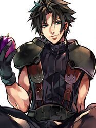  1boy apple armor belt black_gloves black_hair black_pants blue_eyes crisis_core_final_fantasy_vii crossed_legs earrings final_fantasy final_fantasy_vii food fruit gloves hand_up holding holding_food holding_fruit jewelry leaning_back light_smile male_focus muscular muscular_male pants pauldrons short_hair shoulder_armor simple_background single_earring sitting sleeveless sleeveless_turtleneck solo spiky_hair stud_earrings suspenders tama_(tmfy5) turtleneck upper_body white_background zack_fair 