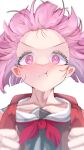  1girl :t absurdres backpack bag black_serafuku blush collarbone floating_hair forehead highres kyoufuu_all_back_(vocaloid) motion_blur necktie ootori_emu pink_eyes pink_hair pout pov project_sekai randoseru red_bag red_necktie rukuko_(user_kmss3582) sailor_collar school_uniform serafuku short_hair simple_background solo sweat sweatdrop white_background white_sailor_collar wind 