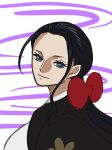  1girl black_hair blue_eyes close-up hair_ribbon haori highres inu_draw japanese_clothes looking_back nico_robin one_piece ponytail red_ribbon ribbon sidelocks simple_background smile solo 