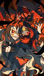  1boy 1girl alastor_(hazbin_hotel) blonde_hair charlie_morningstar demon demon_boy demon_girl demon_horns hazbin_hotel highres horns lucifer_(hazbin_hotel) redhead upside-down wings xixixixi1037 