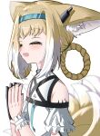  1girl :d ^_^ absurdres animal_ear_fluff animal_ears arknights bare_shoulders black_gloves blonde_hair blue_hairband blush braid closed_eyes fox_ears fox_girl fox_tail gloves hair_intakes hair_rings hairband hands_up highres kitsune multicolored_hair own_hands_together shirt short_sleeves simple_background single_glove smile solo spam_(spamham4506) suzuran_(arknights) tail twin_braids two-tone_hair upper_body white_background white_hair white_shirt 