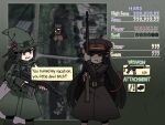  2girls anger_vein angry assault_rifle black_dress black_headwear daewoo_k1 dress english_text fake_screenshot green_headwear green_jacket green_skirt gun hat heads-up_display holding holding_weapon jacket karepack military_hat military_uniform multiple_girls original rifle skirt touhou uniform weapon witch witch_hat 