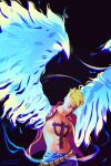  1boy artist_name belt black_background blonde_hair blue_wings chest_tattoo clauduranart closed_eyes cowboy_shot english_commentary highres male_focus marco_(one_piece) one_piece open_clothes open_shirt purple_shirt shirt short_hair solo tattoo upper_body wings 