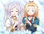  2girls :3 armcho blonde_hair blurry blush_stickers braid capelet closed_eyes clouds crossover depth_of_field dungeon_meshi earrings elf flower frieren green_eyes heart_hands_failure jewelry marcille_donato multiple_girls pointy_ears sky sousou_no_frieren tearing_up thumbs_up twin_braids twintails upper_body 