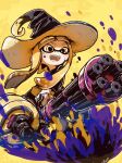  1girl commentary_request gatling_gun gun hat heavy_splatling_(splatoon) highres holding holding_gun holding_weapon inkling_girl inkling_player_character long_hair megateru open_mouth pointy_ears solo splatoon_(series) splatoon_3 teeth tentacle_hair upper_teeth_only weapon witch_hat yellow_background yellow_eyes 