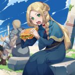  1girl 2boys absurdres armor blonde_hair blue_capelet blue_robe blue_sky braid capelet chilchuck_tims choker clouds day dungeon_meshi elf food green_eyes highres holding holding_food hood hooded_capelet laios_thorden long_hair marcille_donato moss mukunokino_isshiki multiple_boys multiple_braids open_mouth outdoors plate_armor pointy_ears red_choker robe rock sandwich sitting sky 