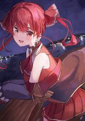  1girl absurdres ascot black_choker black_coat blush charlotte11037 choker coat cropped_jacket floating_hair frilled_choker frills hair_ribbon heterochromia highres hololive houshou_marine houshou_marine_(1st_costume) jacket long_hair looking_at_viewer red_ascot red_coat red_eyes red_jacket red_ribbon red_skirt redhead ribbon skirt sleeveless sleeveless_jacket sleeves_past_fingers sleeves_past_wrists smile solo twintails two-sided_coat two-sided_fabric virtual_youtuber yellow_eyes 