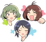 1boy 2girls akizuki_ryou antenna_hair blue_hair blush brown_eyes brown_hair clenched_hand closed_eyes dearly_stars_(idolmaster) dot_nose hair_ornament hairclip head_only hidaka_ai highres hiziki723 idolmaster idolmaster_dearly_stars index_finger_raised mizutani_eri multiple_girls open_mouth otoko_no_ko short_hair smile white_background