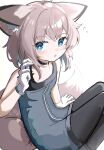  1girl :o absurdres ahoge animal_ear_fluff animal_ears arknights black_choker black_pantyhose blue_dress blue_eyes brown_hair choker dress feet_out_of_frame flying_sweatdrops fox_ears fox_girl fox_tail gloves hand_up highres knees_up looking_at_viewer pantyhose parted_lips simple_background solo spam_(spamham4506) sussurro_(arknights) sweat tail white_background white_gloves 
