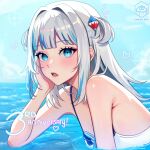  1girl anniversary armpit_peek artist_name blue_eyes blue_hair blue_sky blunt_bangs clouds drawn_heart english_commentary english_text gawr_gura grey_hair h hair_intakes hair_ornament hand_on_own_cheek hand_on_own_face heart highres hololive hololive_english khaonpng light_blush long_hair looking_at_viewer multicolored_hair ocean open_mouth sharp_teeth sky solo streaked_hair teeth two_side_up virtual_youtuber watermark white_swimsuit 