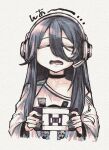  1girl bare_shoulders black_hair black_nails choker closed_eyes exia_(nikke) goddess_of_victory:_nikke hair_between_eyes handheld_game_console headphones highres long_hair off_shoulder open_mouth sakeno_rarukan simple_background solo teeth white_background 