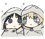  2girls black_eyes black_hair blonde_hair blue_eyes blush_stickers chito_(shoujo_shuumatsu_ryokou) closed_mouth coat grey_coat hood hood_up looking_at_another lowres multiple_girls portrait shoujo_shuumatsu_ryokou sideways_glance simple_background smile snow tareme transparent_background tsukumizu_yuu yuuri_(shoujo_shuumatsu_ryokou) 