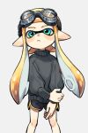  1girl aqua_eyes black_shorts blonde_hair closed_mouth daidaiika frown goggles goggles_on_head grey_sweater inkling_girl inkling_player_character long_hair pointy_ears short_shorts shorts simple_background solo splatoon_(series) splatoon_3 standing sweater tentacle_hair white_background yellow_trim 