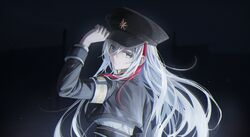  1girl 86_-eightysix- adjusting_clothes adjusting_headwear armband black_jacket breasts closed_mouth commentary cropped_jacket flippy_(cripine111) gloves grey_eyes hair_between_eyes hat highres jacket large_breasts long_hair looking_at_viewer military_hat military_jacket military_uniform multicolored_hair peaked_cap redhead shirt solo streaked_hair underbust uniform vladilena_millize white_gloves white_hair white_shirt 