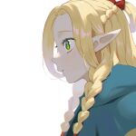  1girl blonde_hair blue_robe dungeon_meshi elf from_side green_eyes long_hair marcille_donato oto1_030 pointy_ears robe simple_background solo white_background 