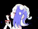  1girl black_background blue_hair commentary_request eyelashes from_side hachimaki headband highres lipstick makeup medium_hair mimimimiguchan nejiri_hachimaki red_eyes red_lips shiver_(splatoon) solo splatoon_(series) splatoon_3 tentacle_hair upper_body 