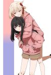  2girls arms_around_neck black_hair blonde_hair brown_shorts carrying closed_mouth commentary_request hair_ribbon hands_in_pockets highres hood hoodie hug hug_from_behind inoue_takina long_hair lycoris_recoil multiple_girls nishikigi_chisato oiun parted_lips piggyback pink_hoodie red_ribbon ribbon short_hair short_shorts shorts simple_background smile violet_eyes 