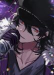  1boy black_background black_hair black_headwear black_shirt earrings ensemble_stars! fur-trimmed_jacket fur_trim highres holding holding_microphone jacket jewelry looking_at_viewer male_focus medium_hair microphone music open_mouth purple_jacket red_eyes sakuma_rei_(ensemble_stars!) shirt singing solo sparkle stage_lights stud_earrings yukimi_bon 