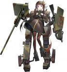  ash_arms belt bion_(marfusha) breasts brown_hair camera camouflage canno full_body hair_ornament hairclip hime_cut light_frown long_hair marfusha mecha_musume pantyhose ponytail shoes small_breasts transparent_background uniform violet_eyes weapon 