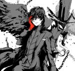  1boy amamiya_ren arsene_(persona_5) bad_drawr_id bad_id black_coat black_wings chain closed_mouth coat gloves greyscale hand_on_own_cheek hand_on_own_face hand_up hat light_smile long_sleeves looking_at_viewer male_focus monochrome monster oekaki one_eye_covered persona persona_5 red_gloves short_hair single_glove single_wing solo spot_color standing top_hat upper_body white_background wings yuu_(drawr) 