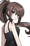  1girl arms_at_sides back bare_shoulders black_choker black_dress blush braid brown_eyes brown_hair choker closed_mouth dress eyes_visible_through_hair floating_hair from_behind hair_between_eyes hair_ornament hairclip highres long_hair looking_at_viewer looking_back mahigu_re minakami_yuki ponytail simple_background single_braid sleeveless sleeveless_dress smile solo split_mouth subarashiki_hibi upper_body white_background 