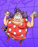  1girl absurdres alternate_design breasts cake cake_slice charlotte_linlin concept_art deformed fat food full_body grin highres holding holding_cake holding_food large_breasts old old_woman one_piece prototype_design smile solo standing tengukiarts toon_(style) watermark wrinkled_skin 