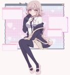  1girl animal_bag black_jacket black_thighhighs brown_hair brown_skirt cat_bag chi_gu danganronpa_(series) danganronpa_2:_goodbye_despair dress_shirt flipped_hair galaga hair_ornament highres jacket long_sleeves medium_hair miniskirt nanami_chiaki neck_ribbon open_clothes open_jacket pink_bag pink_eyes pink_ribbon pleated_skirt ribbon shirt shirt_tucked_in sitting skirt solo thigh-highs white_shirt 