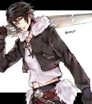  1boy arm_up belt black_gloves black_jacket black_pants blue_eyes brown_hair chain_necklace commentary cropped_jacket earrings final_fantasy final_fantasy_viii fur-trimmed_jacket fur-trimmed_waist_cape fur_trim gloves gunblade holding holding_sword holding_weapon jacket jewelry leather_belt long_sleeves looking_to_the_side male_focus midriff_peek multiple_belts navel necklace open_clothes open_jacket over_shoulder pants shirt simple_background solo squall_leonhart stud_earrings sword sword_over_shoulder tama_(tmfy5) twitter_username upper_body v-neck waist_cape weapon weapon_over_shoulder white_background white_fur white_shirt 