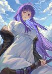  1girl absurdres black_robe blunt_bangs breasts cigma clouds cut_bangs dress fern_(sousou_no_frieren) from_below highres holding holding_staff large_breasts mage_staff parted_lips purple_hair purple_pupils robe sitting sky solo sousou_no_frieren staff violet_eyes white_dress 