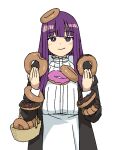  1girl basket blush breasts closed_mouth commentary_request doughnut fern_(sousou_no_frieren) food food_on_head highres holding holding_basket holding_food large_breasts long_hair long_sleeves looking_at_viewer momo_no_suidou-sui object_on_head purple_hair robe simple_background smile solo sousou_no_frieren standing violet_eyes white_background 