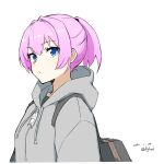  1girl bag bigkwl blue_eyes dated grey_hoodie hair_between_eyes highres hood hood_down hoodie kantai_collection looking_at_viewer one-hour_drawing_challenge pink_hair ponytail shiranui_(kancolle) simple_background solo twitter_username upper_body white_background zipper_pull_tab 