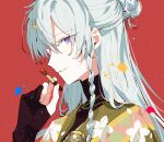  1boy black_shirt braid colored_eyelashes eichi_turnr ensemble_stars! facing_to_the_side green_jacket hair_bun half_updo hibiki_wataru highres holding holding_paintbrush jacket long_hair looking_at_viewer male_focus paintbrush red_background shirt smile solo teeth turtleneck violet_eyes white_hair 