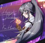 1girl ascot blue_eyes blue_hair brown_gloves brown_jacket brown_sleeves character_name detective fu_hua fu_hua_(hawk_of_the_fog) fu_hua_(valkyrie_accipiter) gloves grey_hair hair_between_eyes happy_birthday high_ponytail honkai_(series) honkai_impact_3rd jacket long_hair long_sleeves looking_at_viewer monocle off-shoulder_jacket off_shoulder official_alternate_costume open_clothes open_jacket ponytail purple_ascot purple_background shirt smile solo twitter_username upper_body white_shirt yaeyama_reishi 