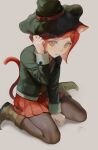  1girl :o animal_ears black_headwear black_jacket brown_eyes brown_footwear brown_pantyhose cat_ears cat_tail danganronpa_(series) danganronpa_v3:_killing_harmony full_body gem hand_up hat highres jacket long_sleeves looking_at_viewer open_clothes open_jacket pantyhose red_skirt redhead shiromo_ooo short_hair simple_background skirt solo tail white_background witch_hat yumeno_himiko 
