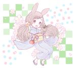  1girl animal_ears bad_drawr_id bad_id bag blue_footwear blue_kimono braid braided_bangs brown_eyes brown_hair character_request checkered_background cherry_blossoms copyright_request falling_petals floating flower food full_body green_background hair_flower hair_ornament handbag holding holding_bag japanese_clothes kimono long_hair long_sleeves looking_at_viewer multicolored_background obi oekaki open_mouth parfait petals polka_dot polka_dot_background rabbit_ears sandals sash single_braid solo striped_clothes striped_kimono tabi teeth twintails upper_teeth_only vertical-striped_clothes vertical-striped_kimono white_background wide_sleeves yellow_sash yuu_(drawr) 
