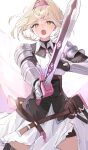  1girl absurdres armor armored_dress belt_pouch blonde_hair collared_dress commentary_request cowboy_shot djeeta_(granblue_fantasy) dress gauntlets granblue_fantasy hairband highres holding holding_sword holding_weapon looking_at_viewer medium_hair open_mouth pauldrons pink_hairband pouch rebelwear_(granblue_fantasy) shiro_wa_(shiroshironix) shoulder_armor solo sword weapon white_dress yellow_eyes 