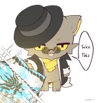  1boy absurdres animal_ears arknights artist_name black_coat black_headwear cat_boy cat_ears chibi coat colored_sclera english_commentary english_text fins fish_tail furry furry_male highres holding holding_money kimchi15922858 lee_(arknights) looking_at_viewer lungmen_dollar male_focus money open_mouth round_eyewear scarf speech_bubble tail white_background yellow_scarf yellow_sclera 