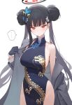  1girl black_hair blue_archive blush breasts butterfly_hair_ornament chinese_clothes cosplay double_bun gloves hair_bun hair_ornament halo highres kisaki_(blue_archive) kisaki_(blue_archive)_(cosplay) poki_(j0ch3fvj6nd) red_eyes rio_(blue_archive) simple_background suit sweatdrop white_background 