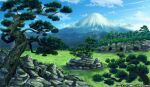  aki_(f1zakurod) blue_sky cave clouds copyright_notice grass mountain mountainous_horizon nature niberungen_senki no_humans official_art outdoors rock scenery sky tree 