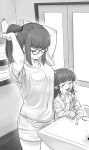  2girls :o absurdres blunt_bangs breasts closed_eyes freckles glasses greyscale highres holding holding_toothbrush indoors long_sleeves medium_breasts monochrome multiple_girls original pointy_ears shorts sink standing toothbrush tranqu_color tying_hair yawning 