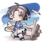  1boy arknights black_hair brown_eyes chibi closed_mouth male_focus minimalist_(arknights) minimalist_(holiday)_(arknights) multicolored_hair official_alternate_costume one_eye_closed pointy_ears rasarasu solo streaked_hair two-tone_hair white_hair 