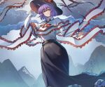  1girl black_headwear black_skirt blush capelet closed_mouth collared_shirt electricity hagoromo hair_between_eyes hat hat_ribbon highres long_sleeves looking_at_viewer nagae_iku purple_hair red_eyes red_ribbon ribbon shawl shirt shishui_guima short_hair skirt smile solo touhou white_capelet white_shirt 