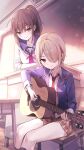  2girls acoustic_guitar angel_beats! blonde_hair blue_jacket blue_sailor_collar brown_eyes brown_hair brown_skirt chair classroom closed_mouth collarbone collared_shirt desk guitar hair_ornament hair_over_one_eye hairclip heaven_burns_red highres hisako_(angel_beats!) holding holding_instrument indoors instrument jacket kayamori_ruka long_hair long_sleeves multiple_girls necktie one_eye_covered open_clothes open_jacket plaid plaid_skirt pleated_skirt ponytail rangu red_eyes red_necktie sailor_collar school_chair school_desk school_uniform shinda_sekai_sensen_uniform shirt short_hair sidelocks sitting skirt sleeve_cuffs smile upper_body white_shirt 