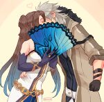  1boy 1girl blue_gloves brown_background brown_coat brown_gloves brown_hair clenched_hand closed_eyes coat commentary couple crow_armbrust dress eiyuu_densetsu elbow_gloves english_commentary eyelashes folding_fan fur-trimmed_coat fur_trim gloves grey_hair hand_fan heart hetero highres holding holding_fan jewelry kiss long_hair magpul21 ring sen_no_kiseki sen_no_kiseki_ii short_hair vita_clotilde wedding_ring white_dress 